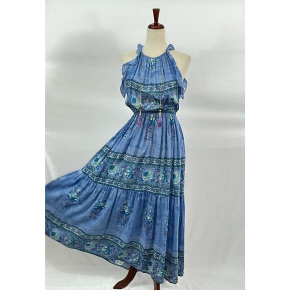 BELL by ALICIA BELL Sz XS Blue Print Ruffled Armhole Tasseled Maxi Dress - Picture 4 of 10